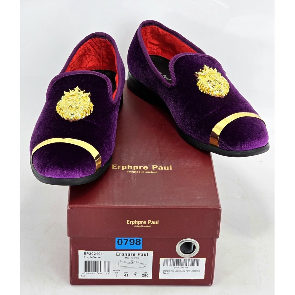 Erphpre Paul Shoes Men's Sz 8 - Purple Velvet - Comfy - Metal Lion Head gold